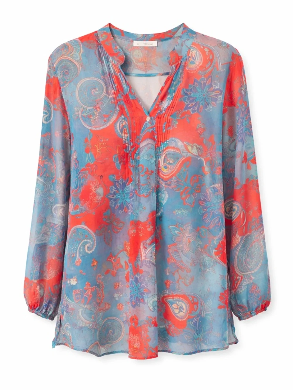Susan Graver Boho Paisley Tunic Blouse Size M Sheer Flowy Blue Coral Resort Top